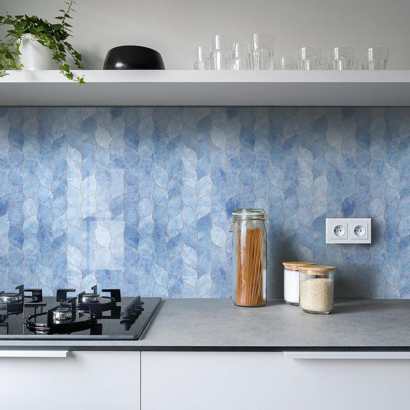 Tilingview 10-Sheet Peel and Stick Backsplash Tile for Kitchen, Self-Adhesive Mosaic Glossy Leaf Stick on Wall Tile with Gaps (Sky Blue) - Image 2